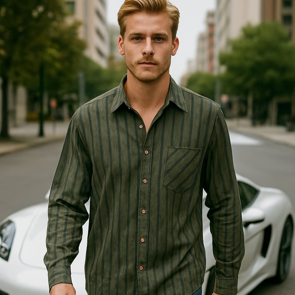 Ezekiel Mens Olive Green Stripe Pattern Shirt Preppy Career Size XL